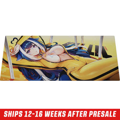 Mouse pad featuring an anime girl with blue and white hair, purple eyes, and a yellow outfit holding a sword.