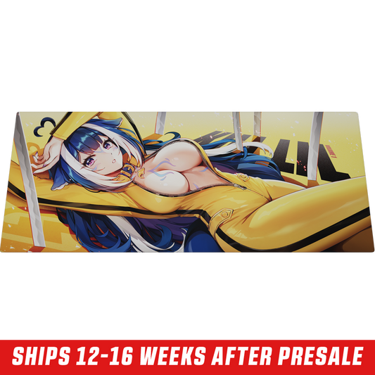 Mouse pad featuring an anime girl with blue and white hair, purple eyes, and a yellow outfit holding a sword.