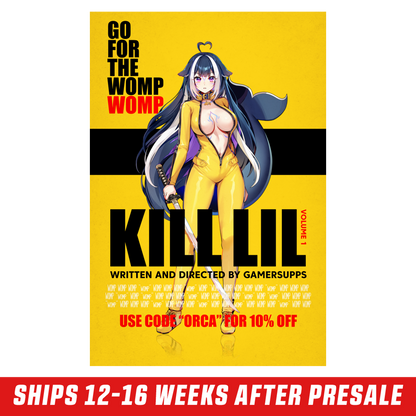 Framed yellow poster with anime woman in yellow suit holding a sword and bold black and red text.
