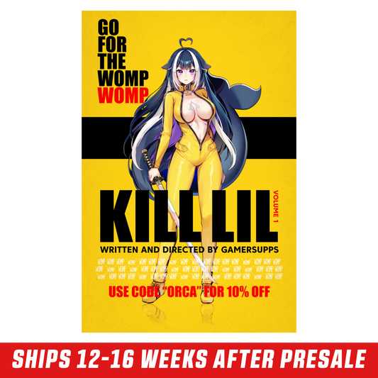 Framed yellow poster with anime woman in yellow suit holding a sword and bold black and red text.