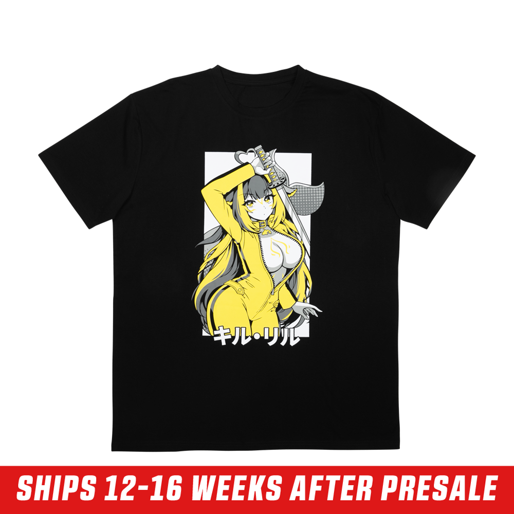 Black shirt with a yellow and gray anime-style female character holding a sword and Japanese text at the bottom.