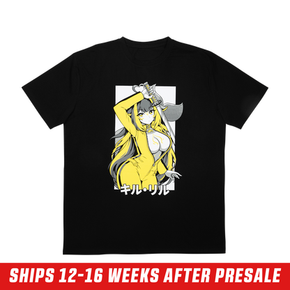 Black shirt with a yellow and gray anime-style female character holding a sword and Japanese text at the bottom.