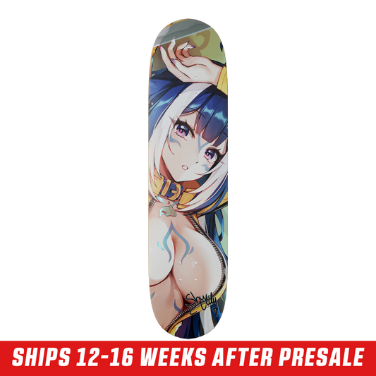 Natural wood grain skateboard deck with a classic shape and pre-drilled holes for trucks.