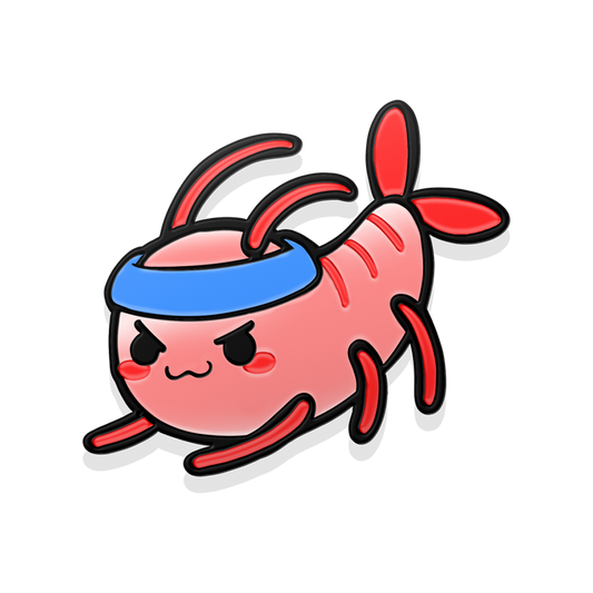 Pink shrimp character badge with red legs, a blue headband, and a determined facial expression