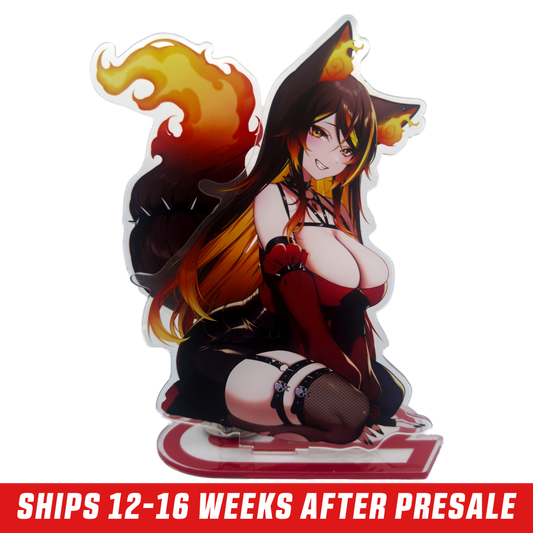Anime-style female character with black and orange fox ears, fiery tail, and red and black gothic outfit kneeling