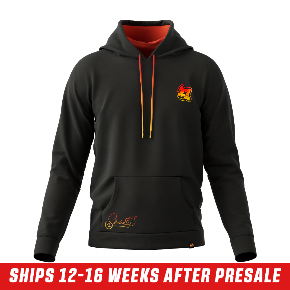 Black hoodie with a red to yellow gradient graphic of stylized fiery faces on the side panel