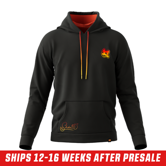 Black hoodie with a red to yellow gradient graphic of stylized fiery faces on the side panel