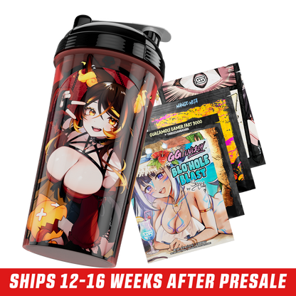 Red and black shaker cup featuring an anime-style character with horns, orange hair, and spiked armor details.