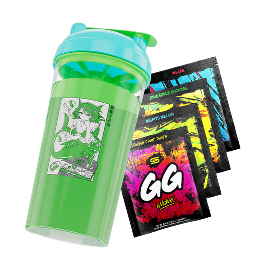 Green shaker cup with turquoise lid and mermaid graphic next to four colorful GG Energy powder packets.