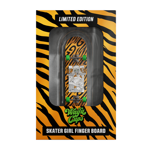 Miniature skateboard with black grip tape and bright green wheels on a natural wood deck edge.