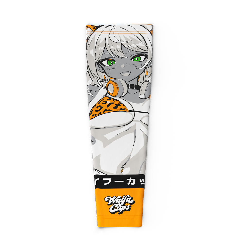 White gaming sleeve with orange tiger-striped helmet, leopard print bikini, and black and orange accents.