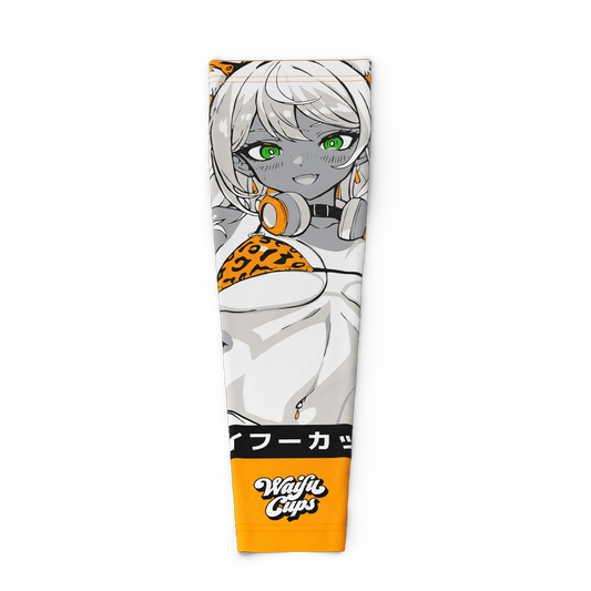 White gaming sleeve with orange tiger-striped helmet, leopard print bikini, and black and orange accents.