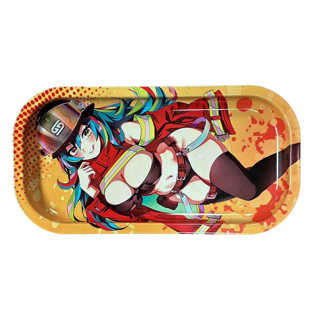 Rectangular yellow tray featuring a colorful anime-style female firefighter with blue hair and a red jacket.