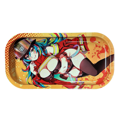 Rectangular yellow tray featuring a colorful anime-style female firefighter with blue hair and a red jacket.