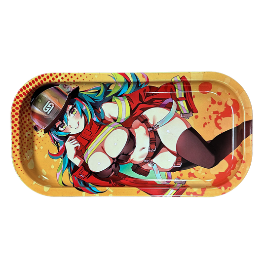 Rectangular yellow tray featuring a colorful anime-style female firefighter with blue hair and a red jacket.