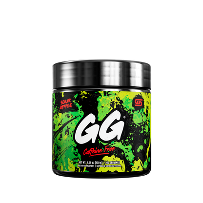 Black container with silver lid and detailed white supplement facts label on the back with green and yellow accents.
