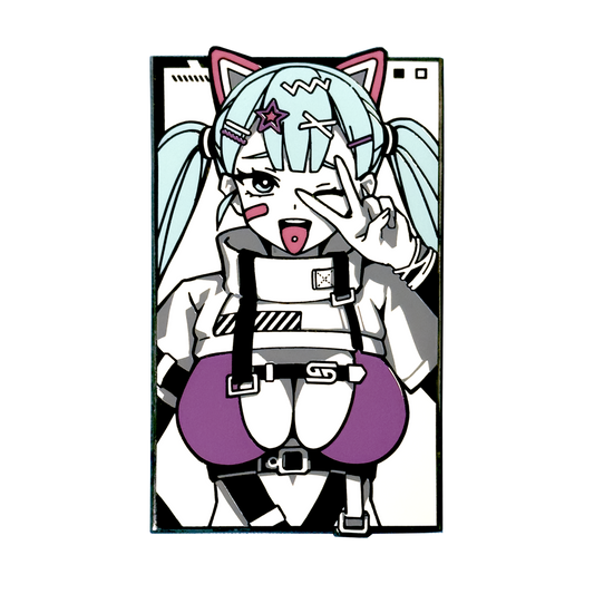 Enamel pin of a blue-haired anime girl with cat ears, purple top, and a peace sign over one eye.