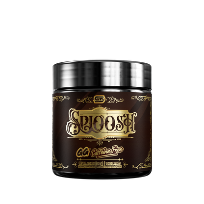 Black supplement container with detailed white and yellow nutrition and ingredient labels and a silver lid