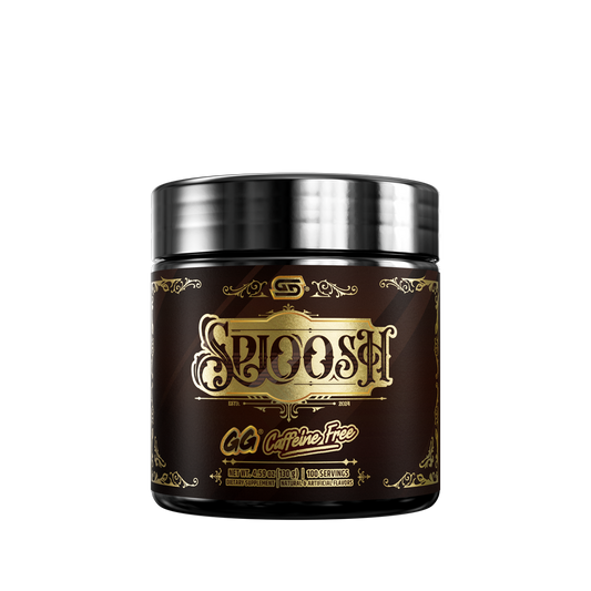 Black supplement container with detailed white and yellow nutrition and ingredient labels and a silver lid