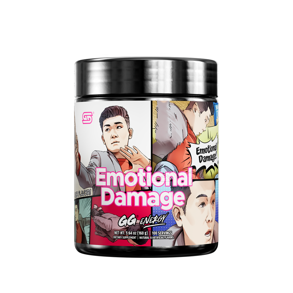Black container with detailed supplement facts and directions label, featuring colorful cartoon elements at the bottom edge.
