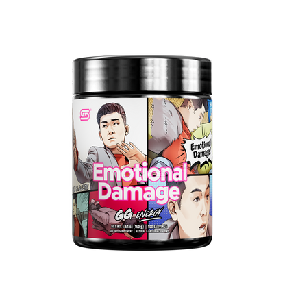 Black container with detailed supplement facts and directions label, featuring colorful cartoon elements at the bottom edge.