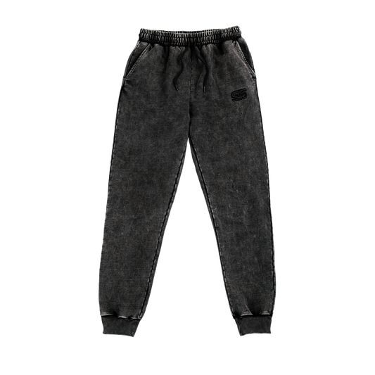 Black stonewash sweatpants with elastic waistband and a single back patch pocket on the right side.