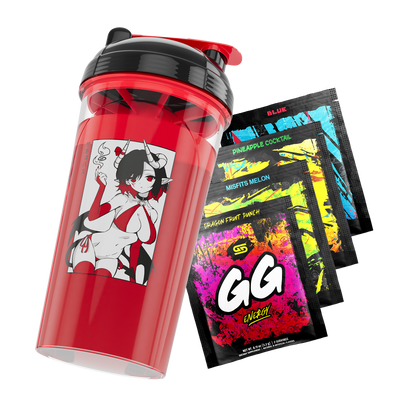 Succubus Waifu Cup filled with red liquid tilted right over 4 Free Gamer Supps Sample Packs