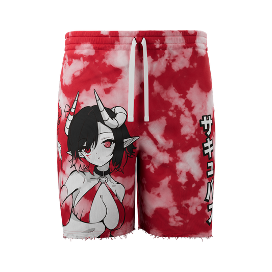 Red and white tie-dye sweat shorts with Japanese characters printed vertically on the side and a side pocket.