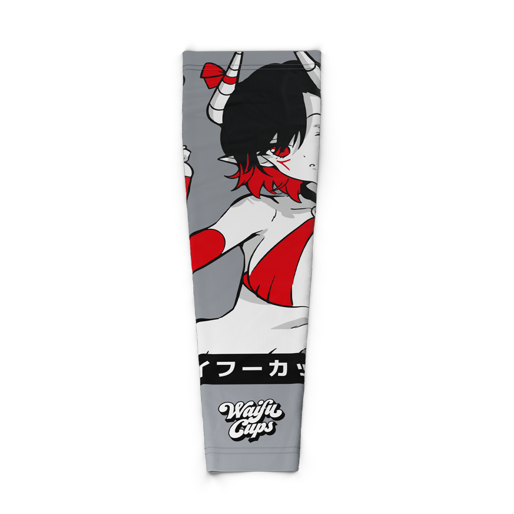 Gray gaming sleeve with red and black anime succubus character wearing a red bikini and white horns with red stripes.