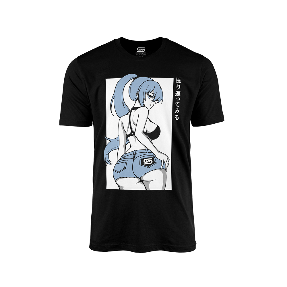Black shirt with anime-style girl with blue hair in a ponytail wearing a black top and blue shorts, Japanese text on side.