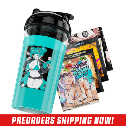 Clear shaker cup with black lid featuring a monochrome anime girl holding a spiked bat and wearing shorts.