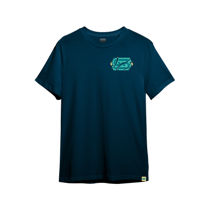 Dark teal shirt with a large turquoise and yellow stylized oni mask and vertical "Danger Stripes" text on the back.