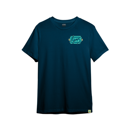 Dark teal shirt with a large turquoise and yellow stylized oni mask and vertical "Danger Stripes" text on the back.