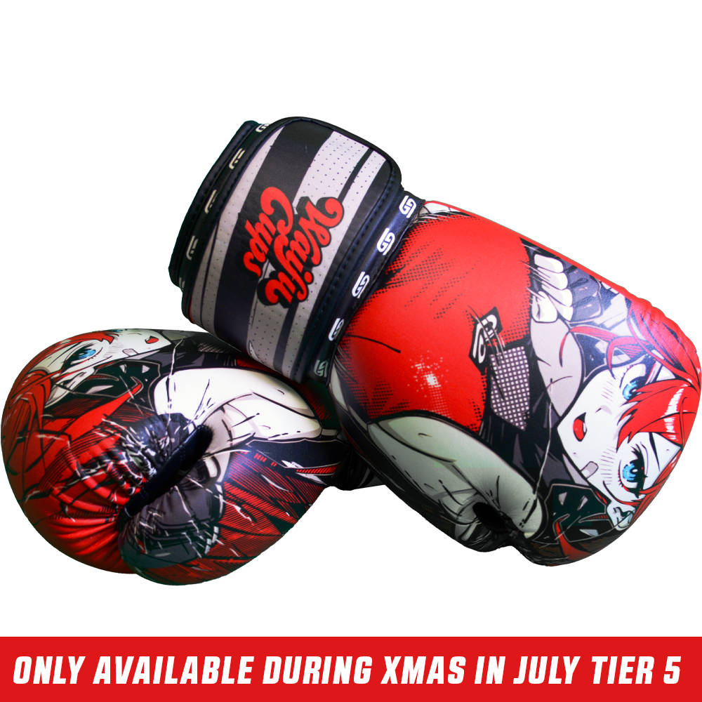 Boxing gloves with red-haired anime character art and black, white, and red wrist straps featuring "Waifu Cups" text.