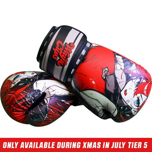 Boxing gloves with red-haired anime character art and black, white, and red wrist straps featuring "Waifu Cups" text.