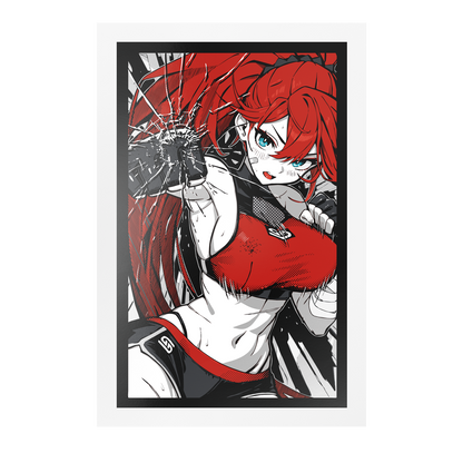 Red-haired anime character in black gloves punching through glass with intense blue eyes and a red outfit.