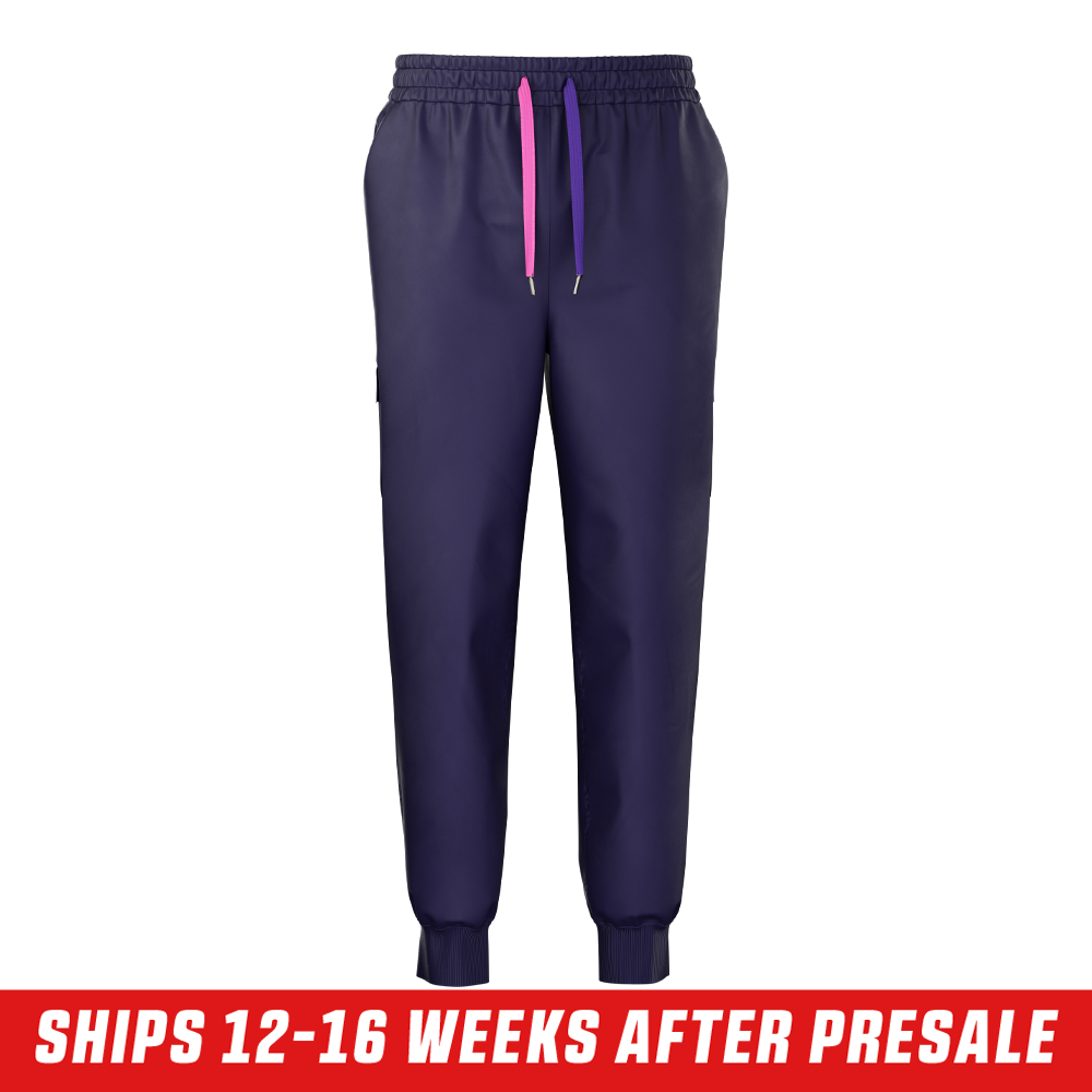 Dark purple joggers with a side cargo pocket outlined in light purple and a white curved stripe on the leg.