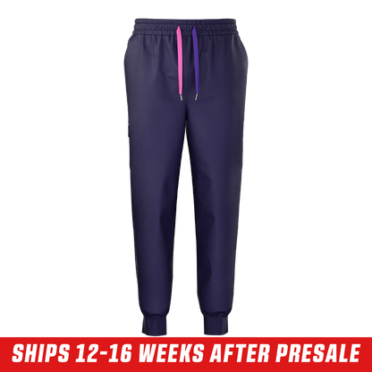 Dark purple joggers with a side cargo pocket outlined in light purple and a white curved stripe on the leg.