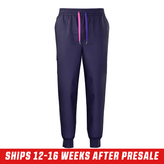 Dark purple joggers with a side cargo pocket outlined in light purple and a white curved stripe on the leg.