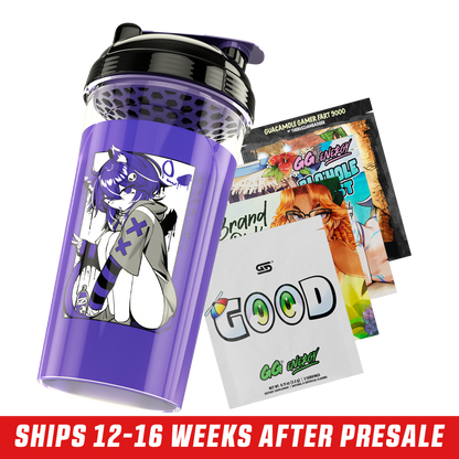 Clear shaker cup with black and purple lid featuring black and white anime girl with cat ears and skull hairpin.