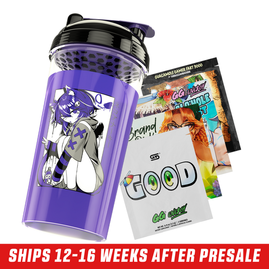 Clear shaker cup with black and purple lid featuring black and white anime girl with cat ears and skull hairpin.