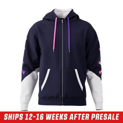 Navy zip-up hoodie with pink X designs on the sleeve and white lower sleeve panels in size 6XL.
