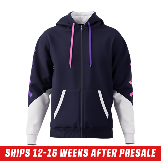 Navy zip-up hoodie with pink X designs on the sleeve and white lower sleeve panels in size 6XL.