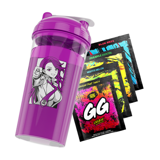 Purple shaker cup with anime woman pointing and four colorful GG Energy powder packets in assorted flavors.