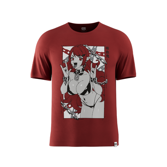 Plain dark red short-sleeve t-shirt shown from the back in size 6XL with a crew neckline.
