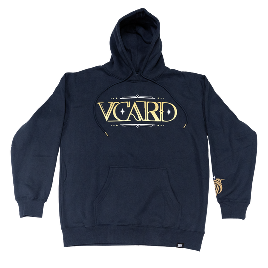 Navy blue oversized hoodie with ribbed cuffs and hem, featuring a small gold embroidered detail on the left sleeve.