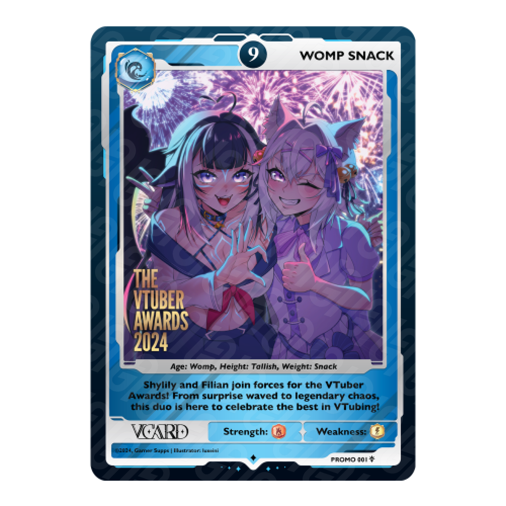 Blue-bordered card featuring two anime-style characters with cat ears posing in front of purple fireworks at night.
