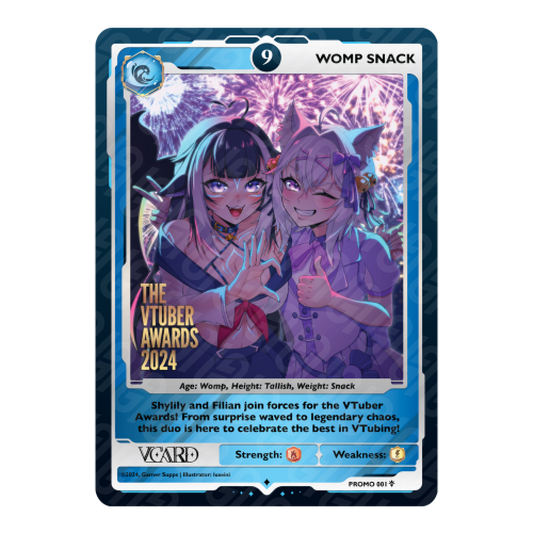 Blue-bordered card featuring two anime-style characters with cat ears posing in front of purple fireworks at night.