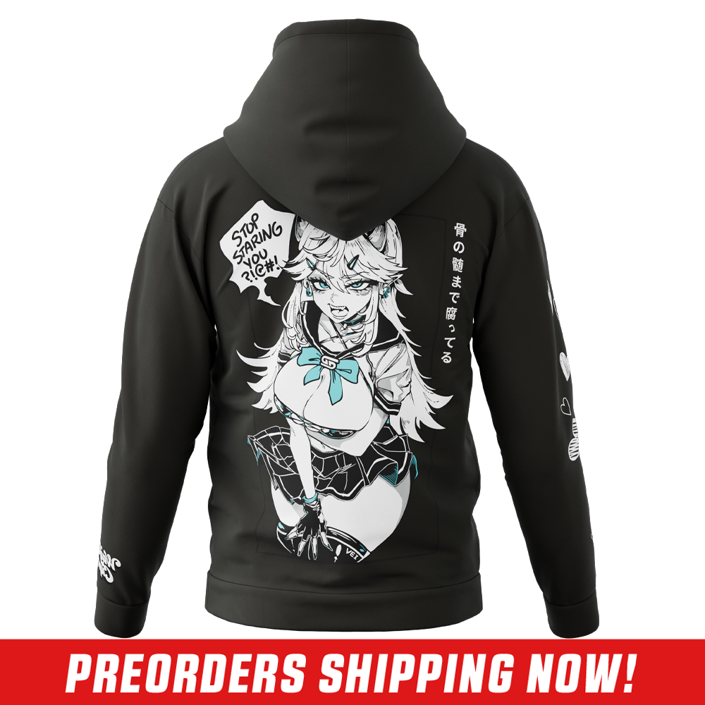 Black hoodie with white hand-drawn hearts on the sleeve and a partial anime-style character on the side.