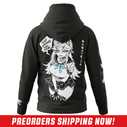 Black hoodie with white hand-drawn hearts on the sleeve and a partial anime-style character on the side.